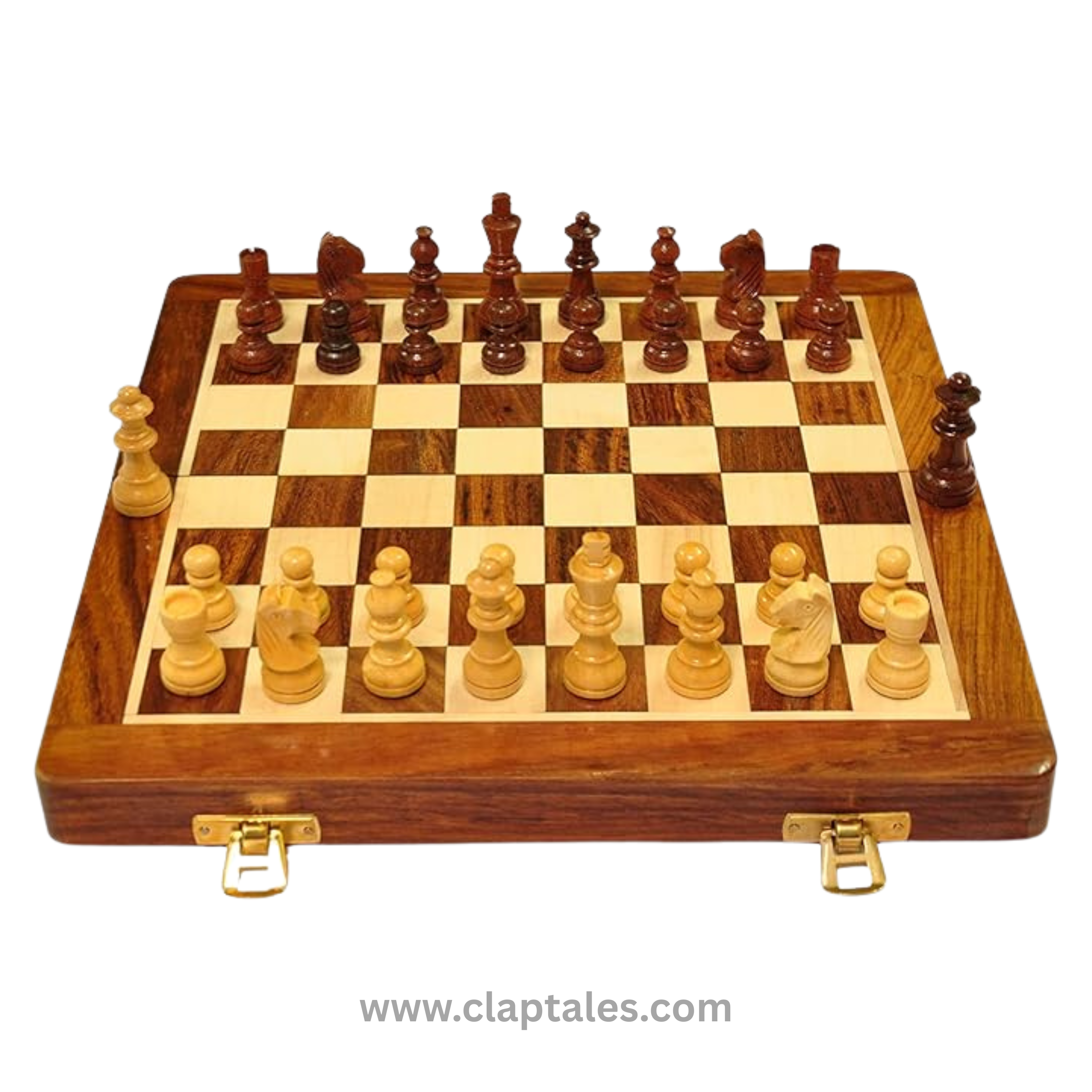 CLAPTALES 10 Inches Wooden Handmade Foldable Magnetic Chess Board Set with Magnetic Pieces and Extra Queens for 2 Players Kids and Adults