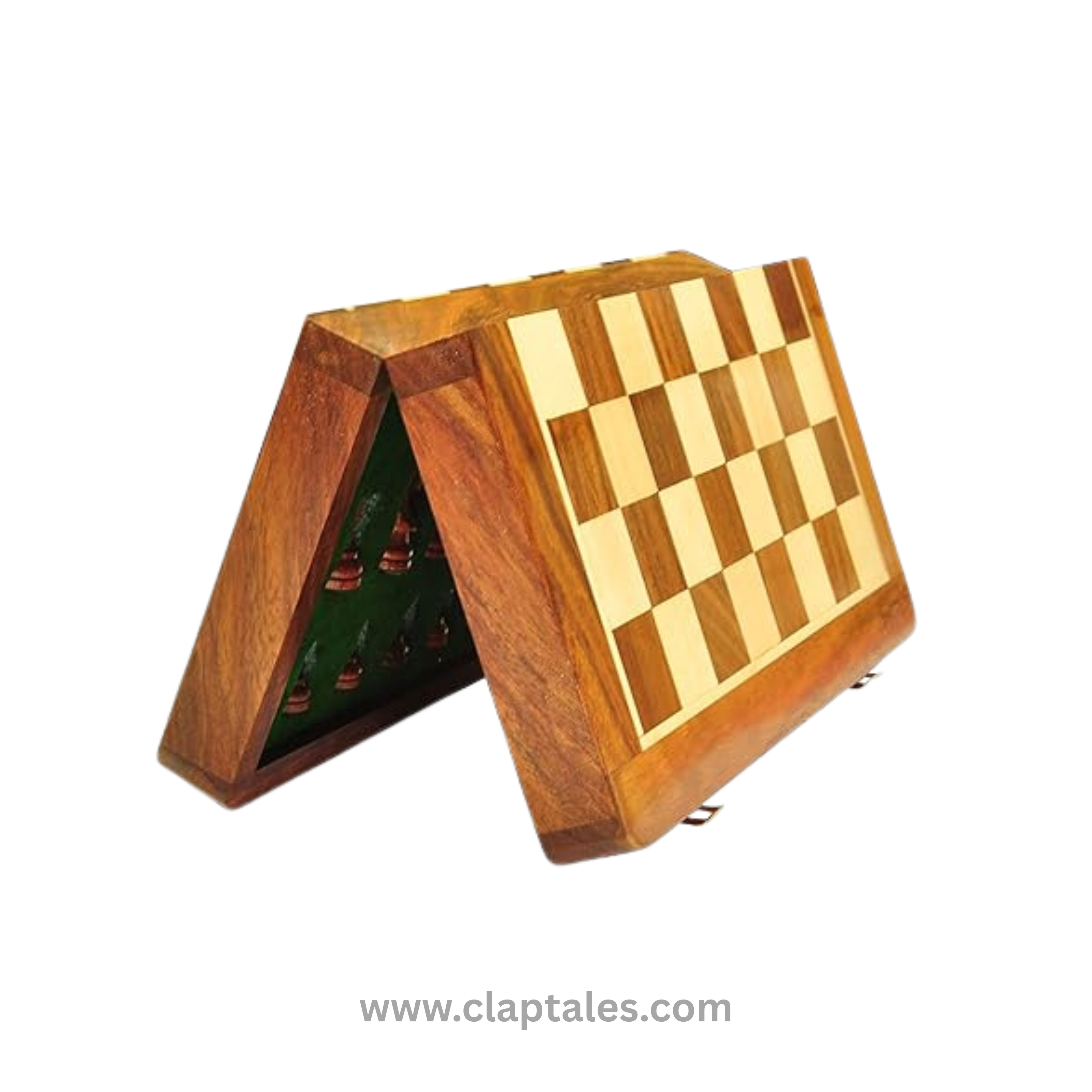 CLAPTALES 10 Inches Wooden Handmade Foldable Magnetic Chess Board Set with Magnetic Pieces and Extra Queens for 2 Players Kids and Adults