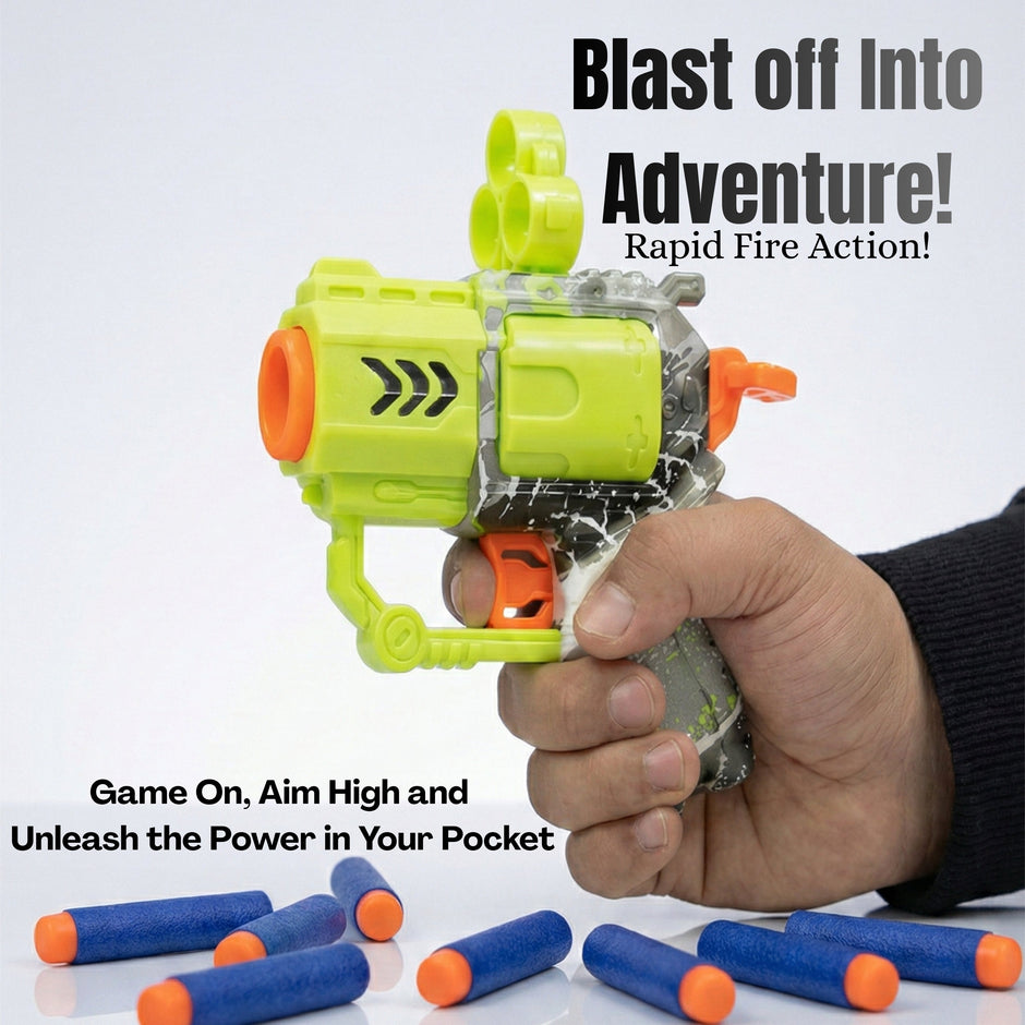 Kids pocket sized soft bullet toy gun with 9 safe foam bullets included.