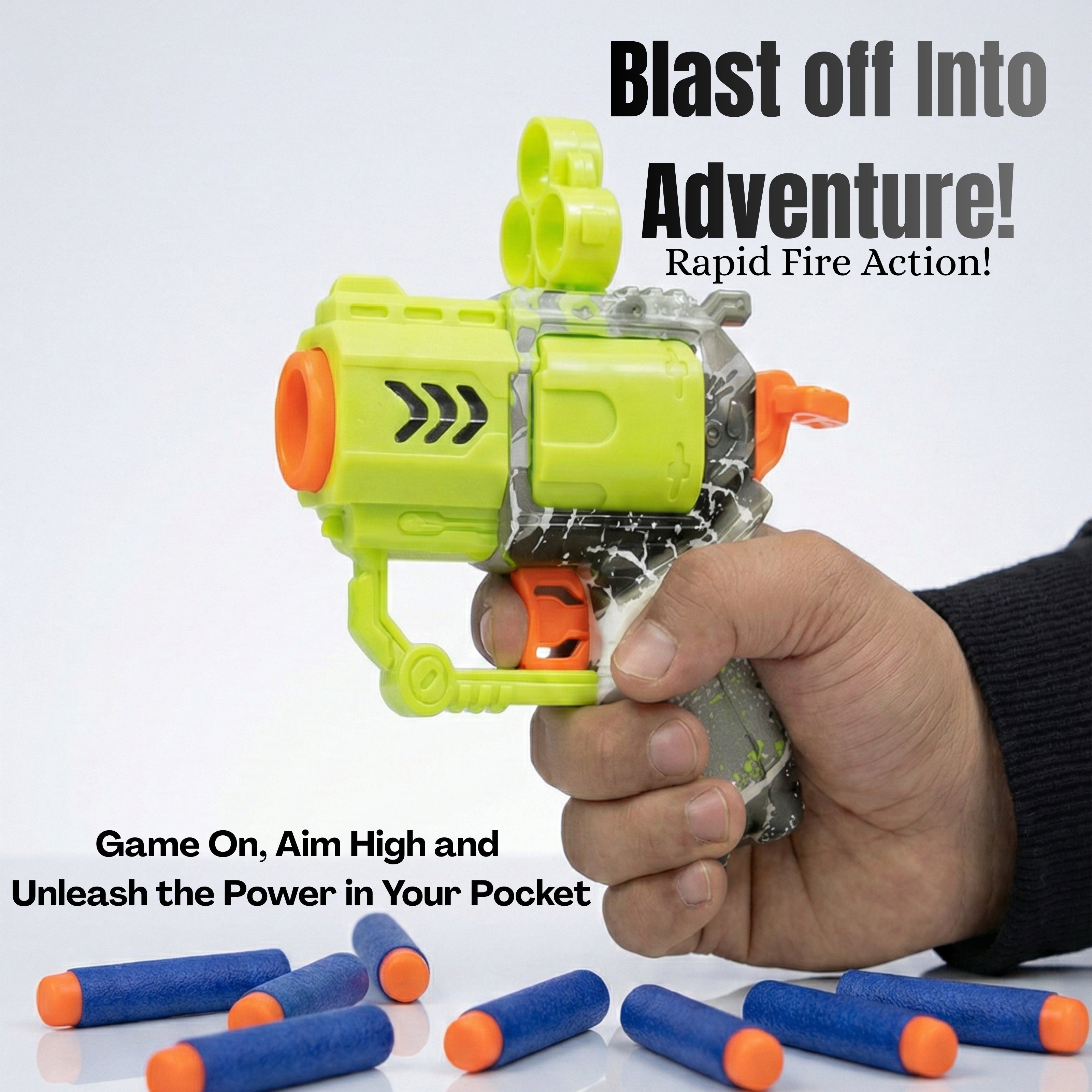 Kids pocket sized soft bullet toy gun with 9 safe foam bullets included.