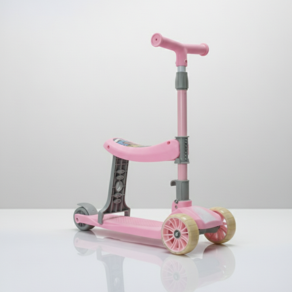 Claptales 3-in-1 Kids Scooter & Ride-On Toy | Adjustable Seat & Height | 3-Wheel Scooter for Toddlers with LED Wheels, Light & Music