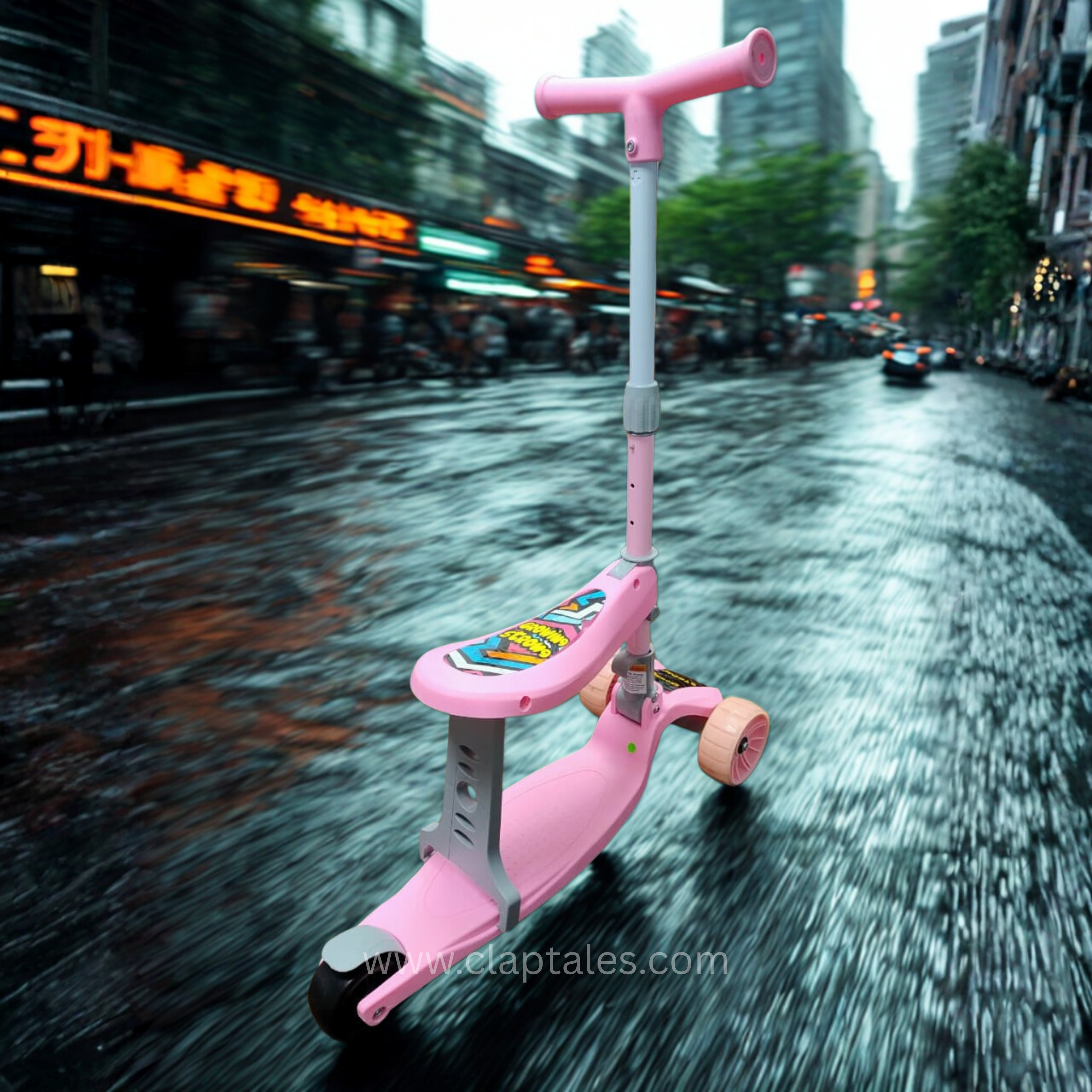 CLAPTALES 3-in-1 Kids Scooter & Ride-On Toy | Adjustable Height & Seat for Toddlers LED PU Flashing Wheels | Light & Music Deck with Brake | Weight Capacity 100 kg