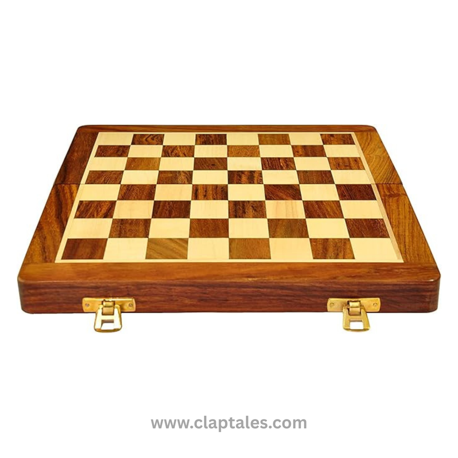 CLAPTALES 10 Inches Wooden Handmade Foldable Magnetic Chess Board Set with Magnetic Pieces and Extra Queens for 2 Players Kids and Adults