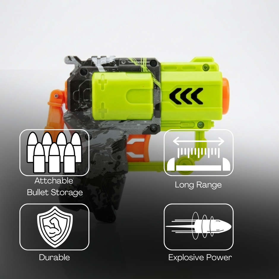 Small 13 cm foam bullet gun green color safe for indoor and outdoor play.