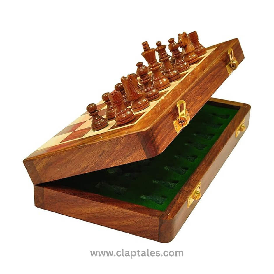 CLAPTALES 10 Inches Wooden Handmade Foldable Magnetic Chess Board Set with Magnetic Pieces and Extra Queens for 2 Players Kids and Adults