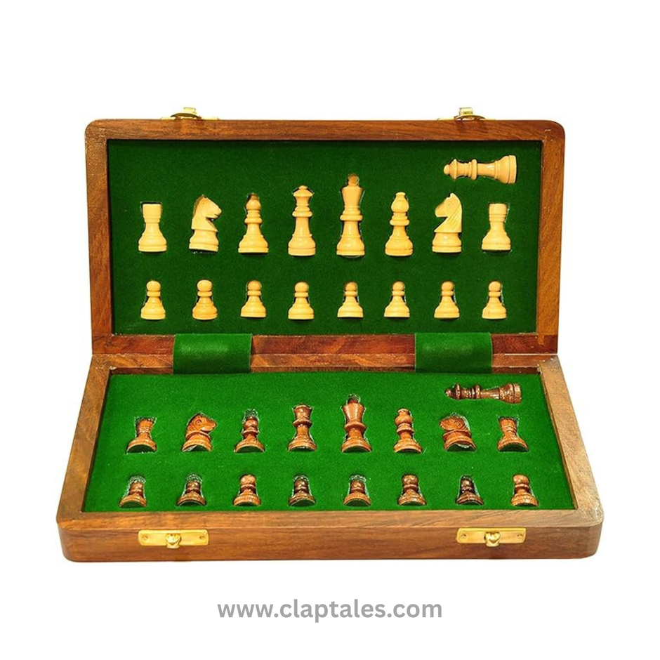 CLAPTALES 10 Inches Wooden Handmade Foldable Magnetic Chess Board Set with Magnetic Pieces and Extra Queens for 2 Players Kids and Adults