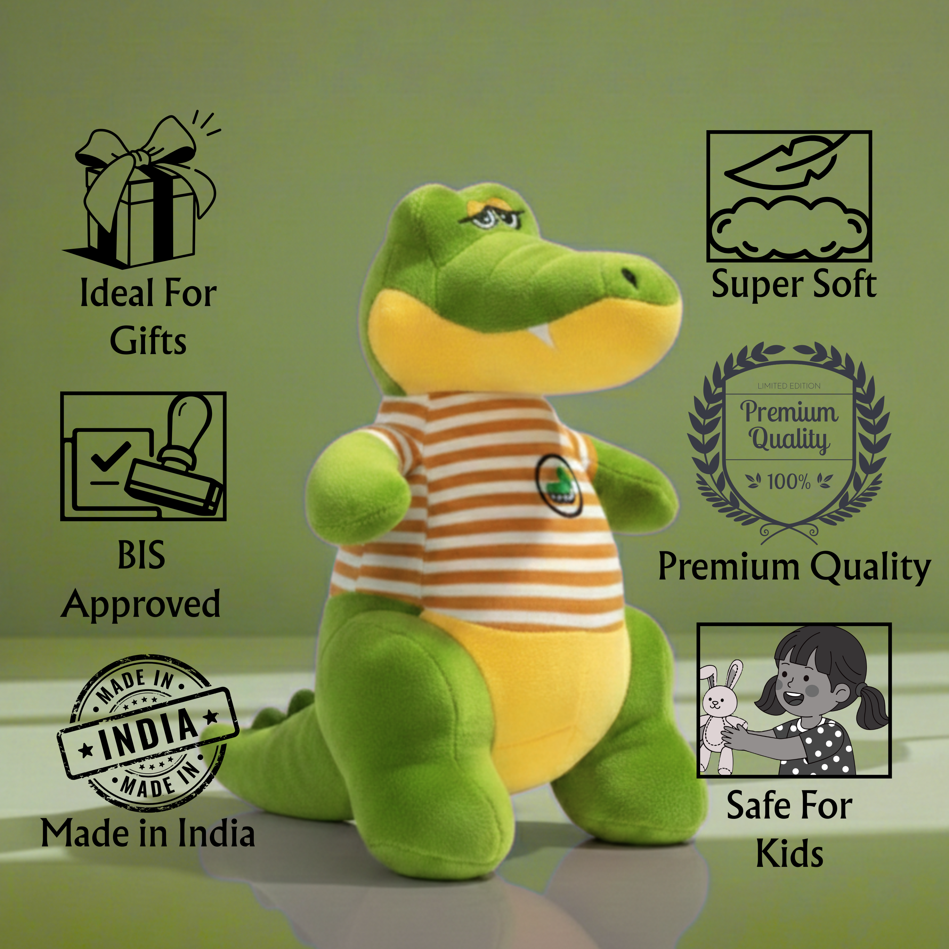 Claptales Green Crocodile Plush Toy â€“ Soft Stuffed Animal for Kids | Cute Hanging Plush for Babies & Toddlers