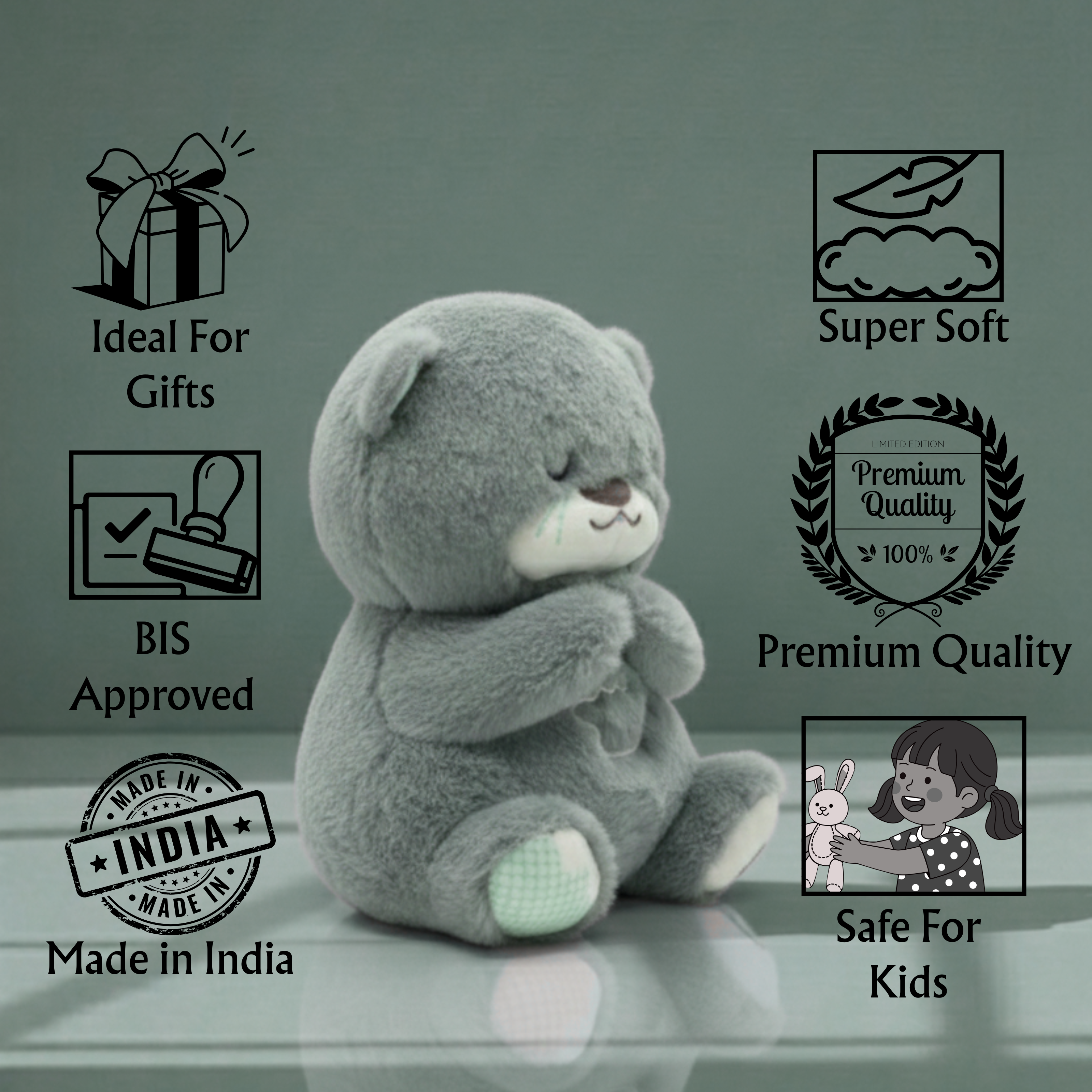 Claptales  Breathing Teddy Bear Soft Toy (25cm) | Grey Soothing Plush