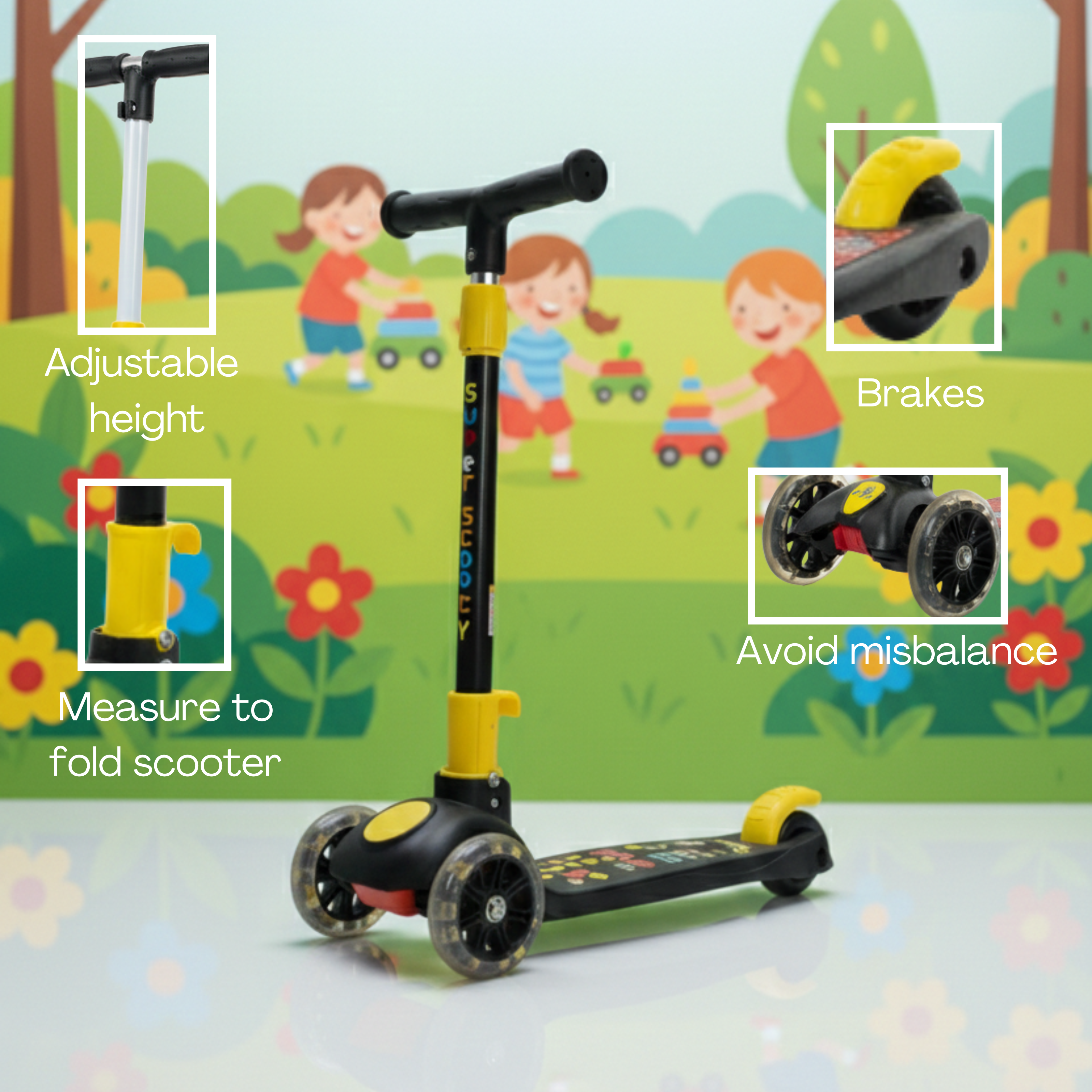 Claptales Adjustable 3-Wheel Kids Kick Scooter | Lean-to-Steer | LED Wheels | For Boys & Girls (3+ Years)