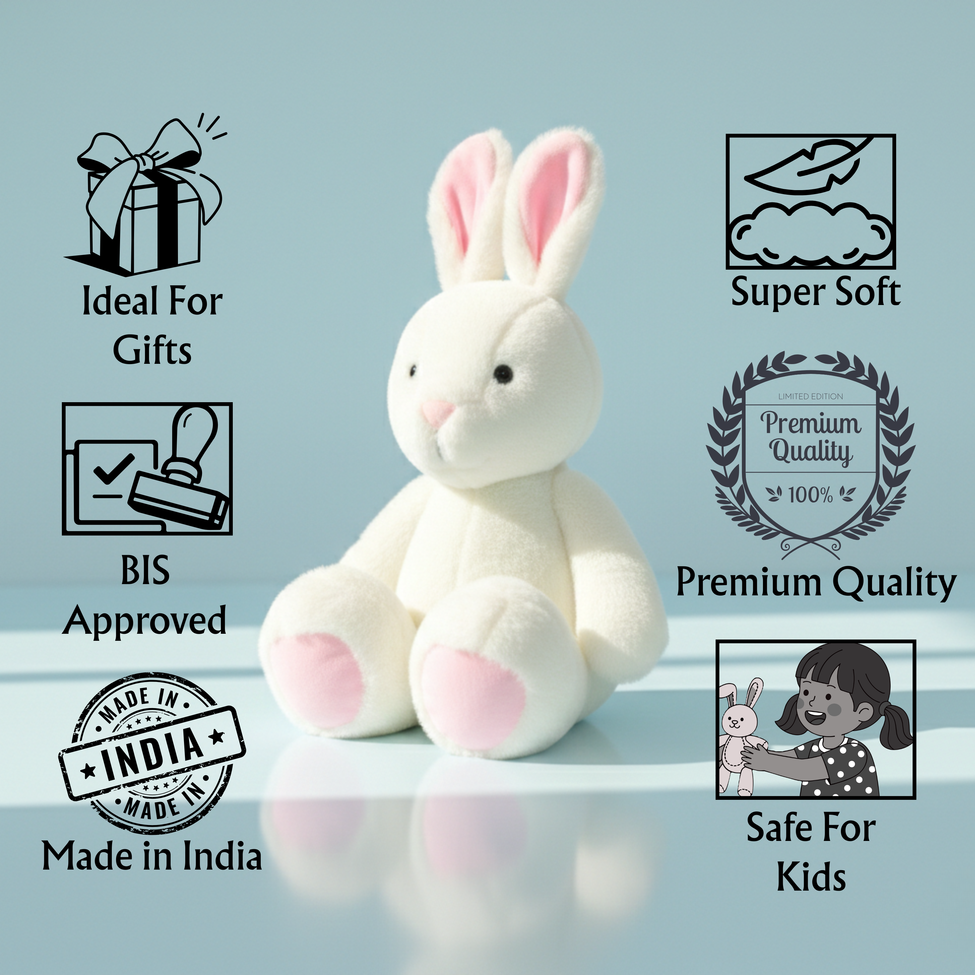 Claptales White Bunny Rabbit Soft Toy (44cm) | Fluffy Long Ear Plush