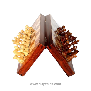 CLAPTALES 12 Inches Wooden Handmade Foldable Magnetic Chess Board Set with Magnetic Pieces and Extra Queens for 2 Players Kids and Adults