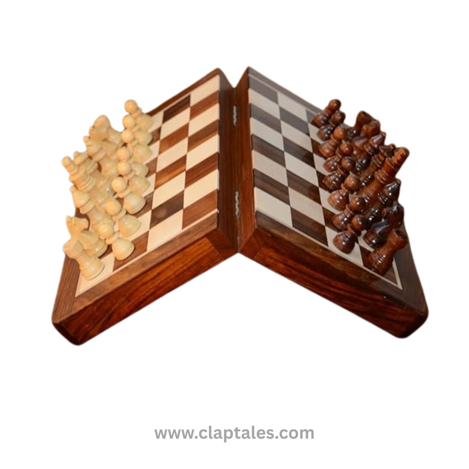 CLAPTALES 12 Inches Wooden Handmade Foldable Magnetic Chess Board Set with Magnetic Pieces and Extra Queens for 2 Players Kids and Adults