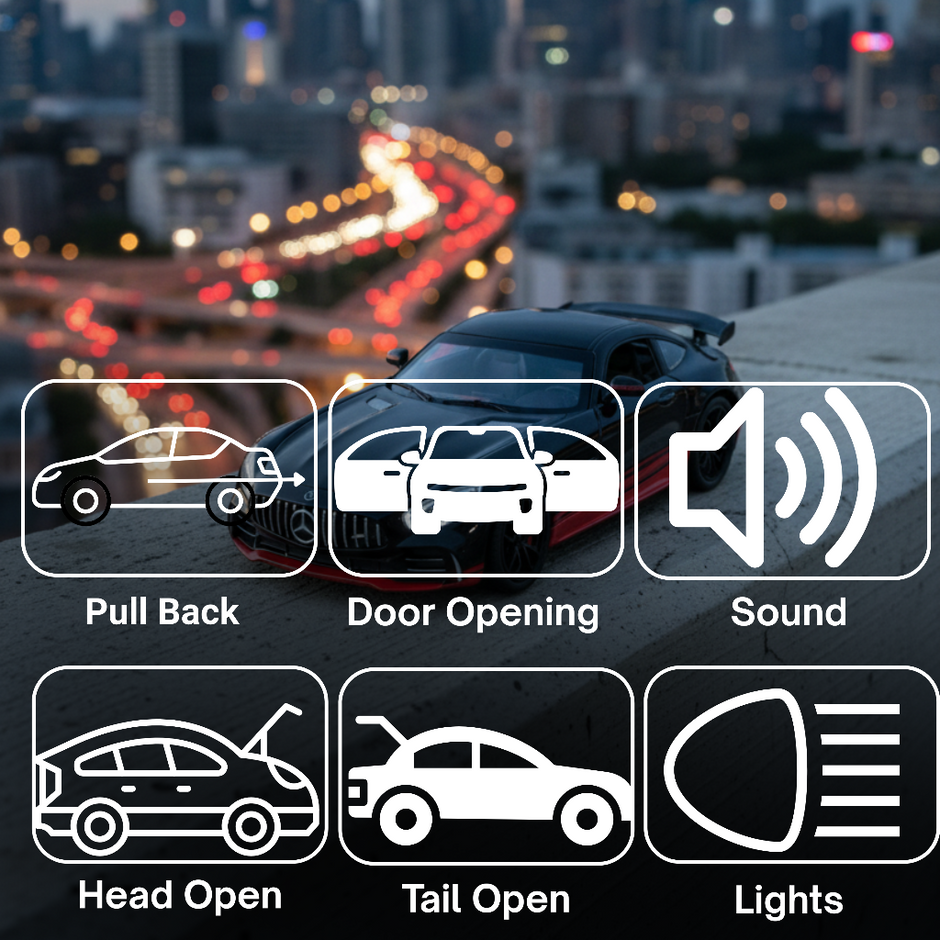 A feature graphic showing icons for pull‑back action, door opening, lights, sound, and taillight features.
