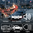 A feature graphic showing icons for pull‑back action, door opening, lights, sound, and taillight features.
