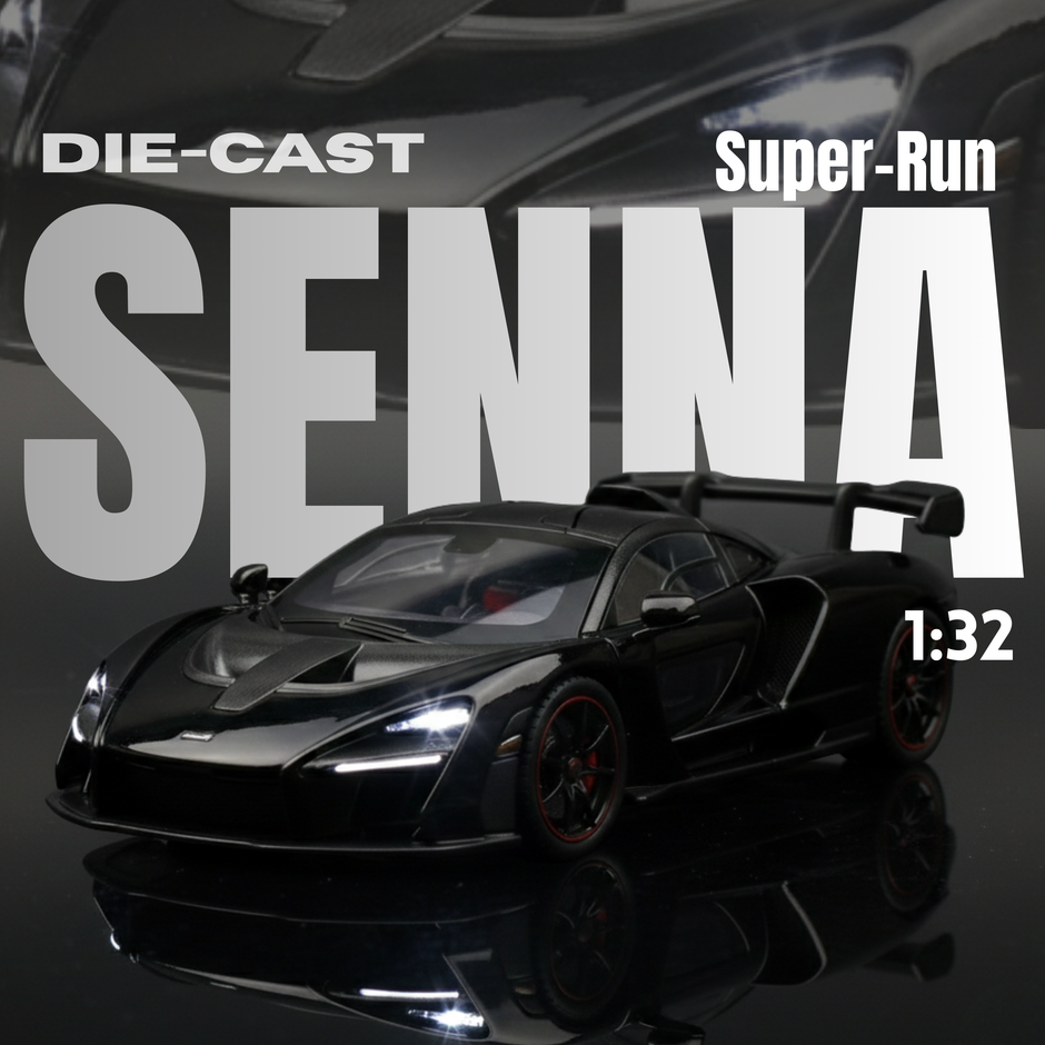 Black die-cast car model with 'Super-Run Senna' text on a dark background