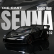 Black die-cast car model with 'Super-Run Senna' text on a dark background