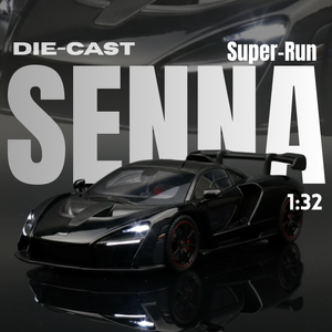 Black die-cast car model with 'Super-Run Senna' text on a dark background