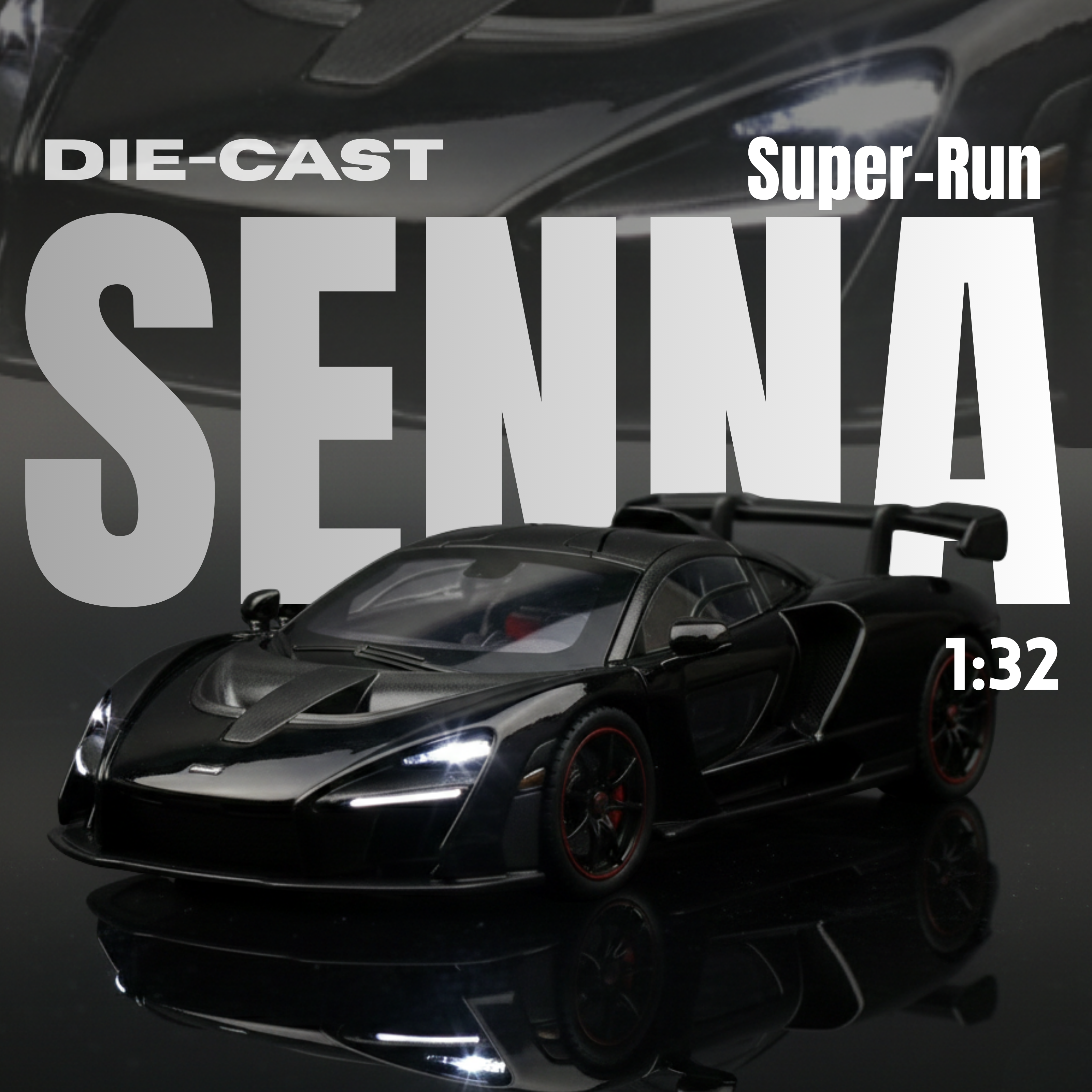Black die-cast car model with 'Super-Run Senna' text on a dark background