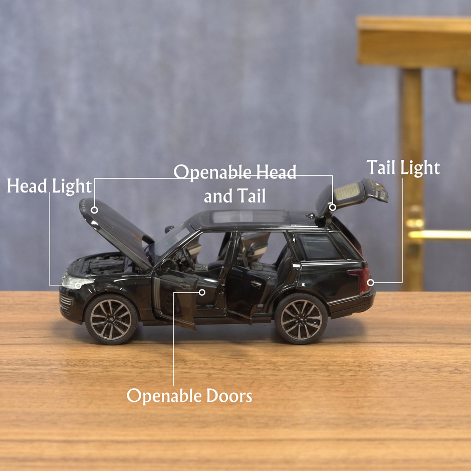 Black toy SUV with labeled features on a wooden surface