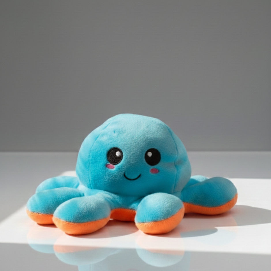 Blue plush octopus toy on a white surface with a gray background