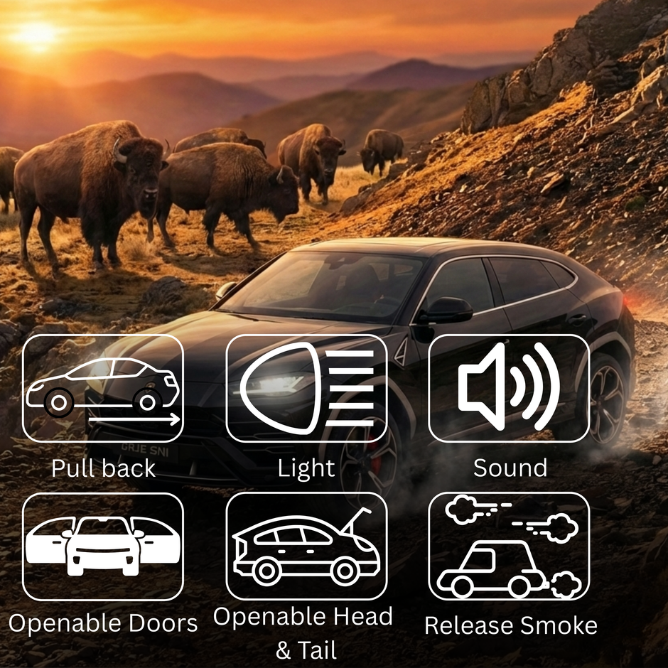Car with automotive features icons and bison in a mountainous landscape
