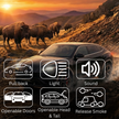 Car with automotive features icons and bison in a mountainous landscape