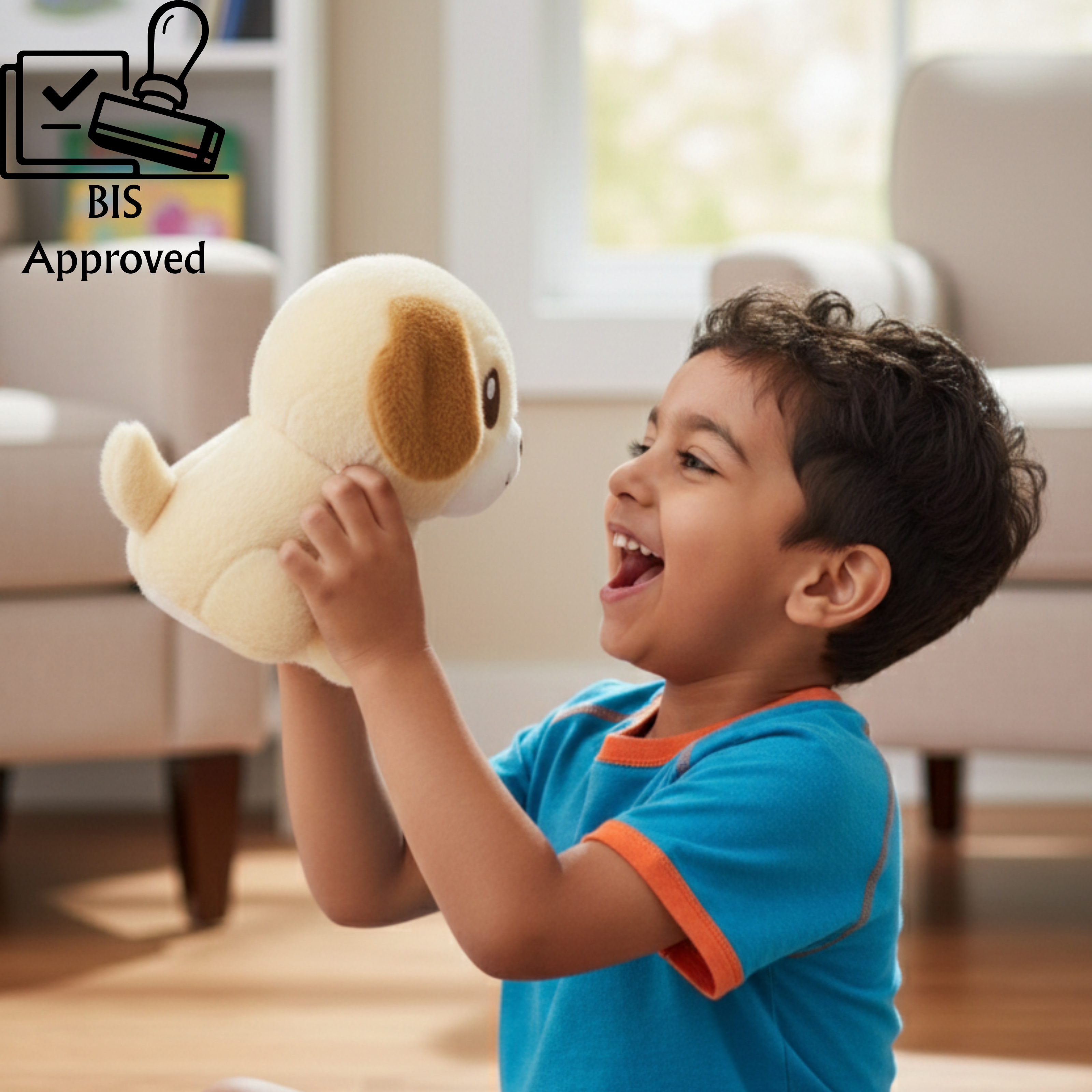 Child holding Claptales brown puppy soft toy during indoor playtime