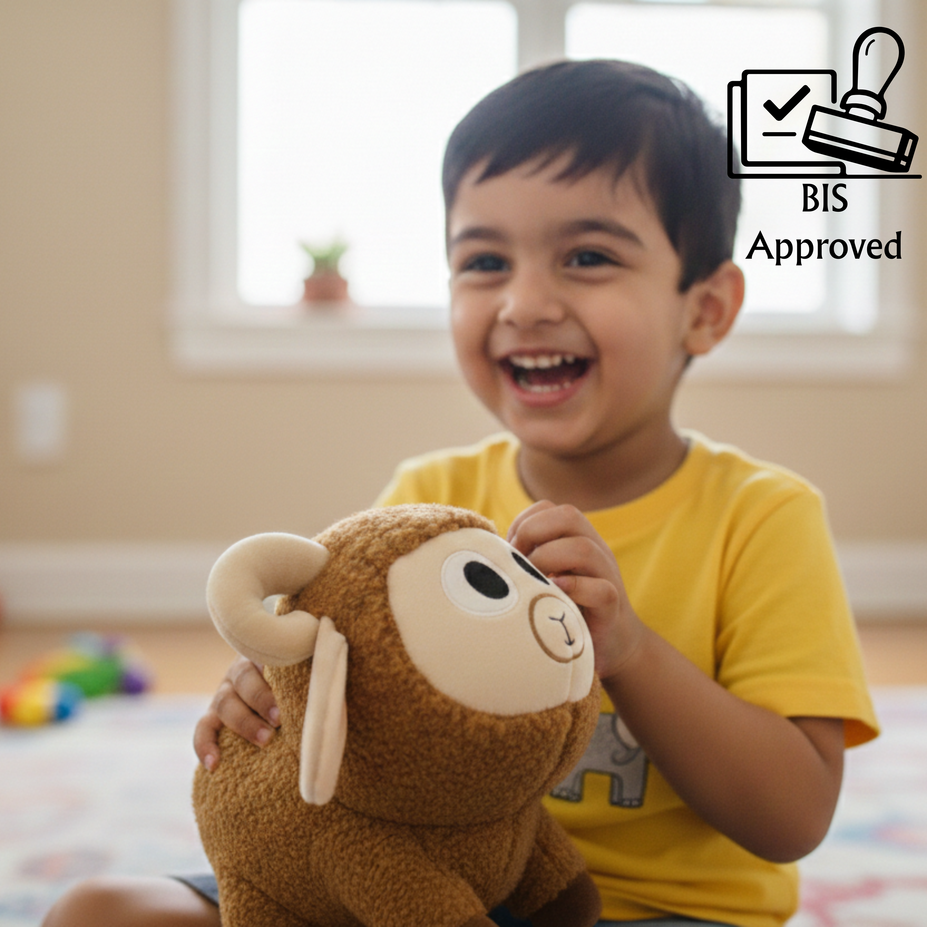 Child holding Claptales sheep soft toy for hugging and playtime with BIS Approved