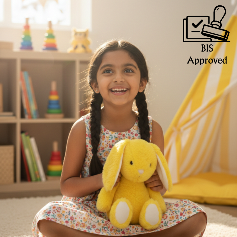 Child holding Claptales yellow bunny soft toy indoors during playtime