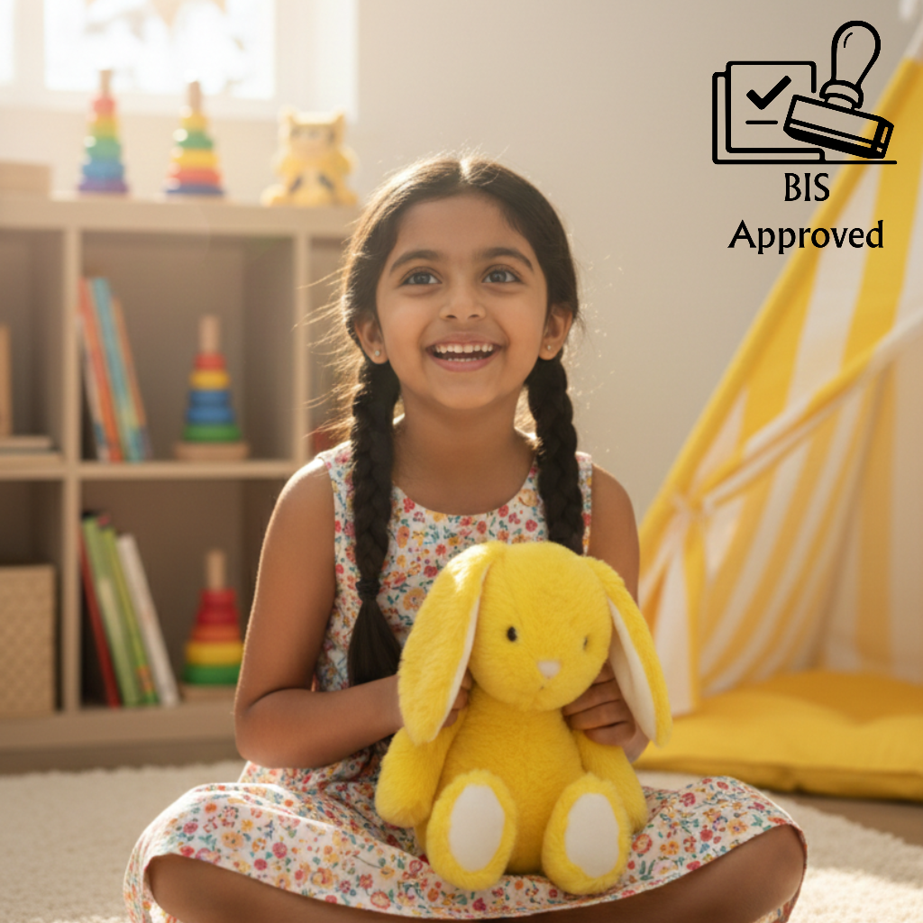Child holding Claptales yellow bunny soft toy indoors during playtime