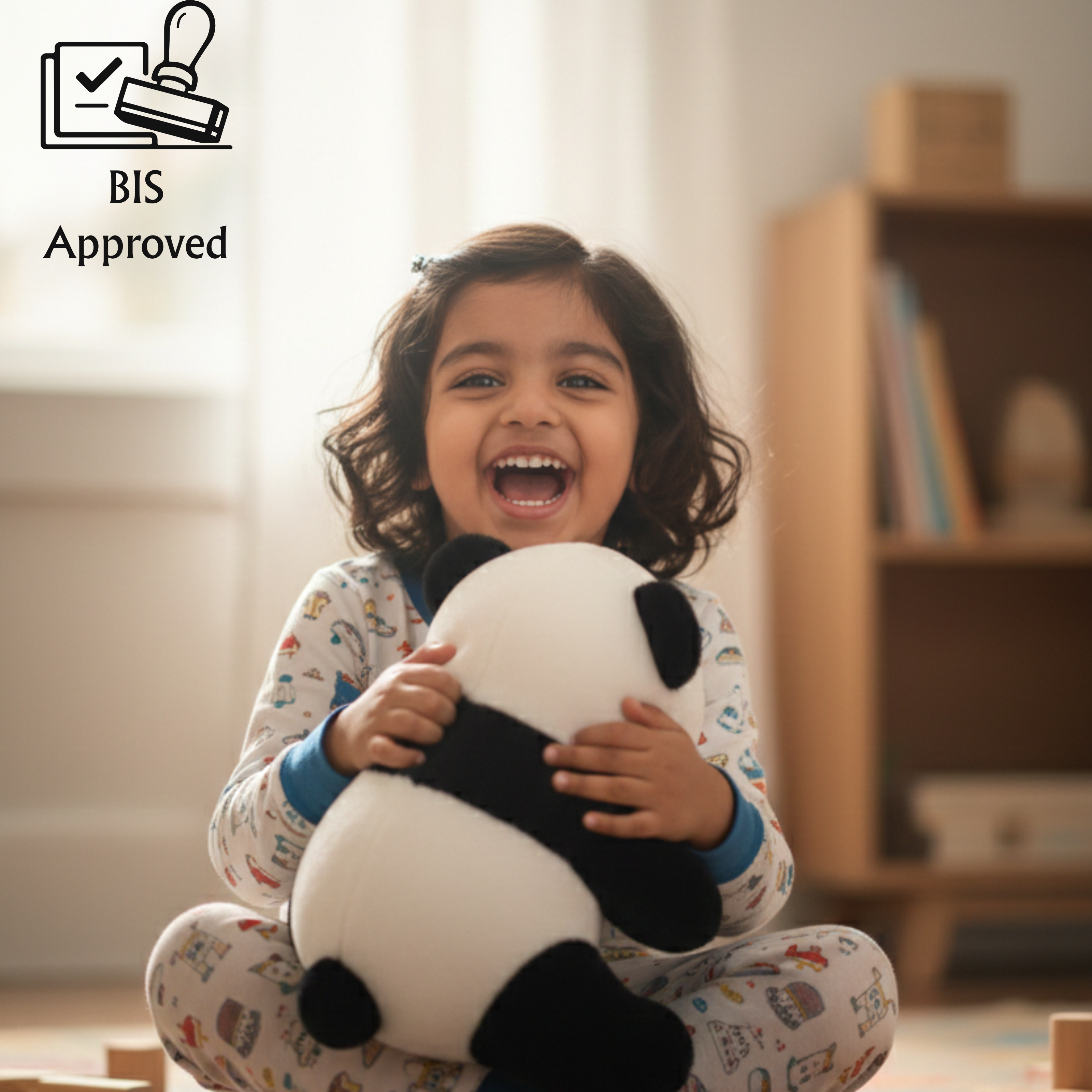 Child holding a panda plush toy in a room with a BIS Approved logo.