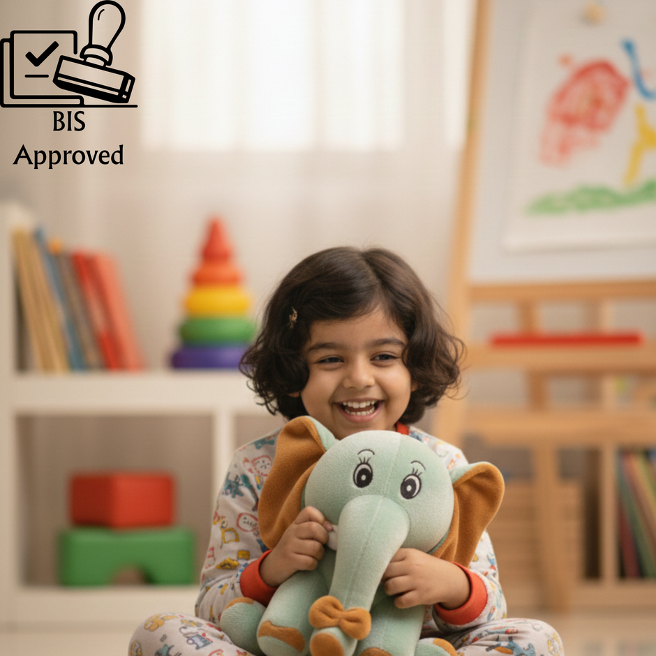 Child holding a plush elephant toy in a room with books and a colorful tower.