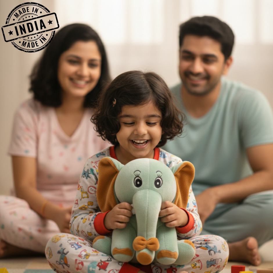 Child holding a plush elephant toy with parents in the background, with 'Made in India' stamp.
