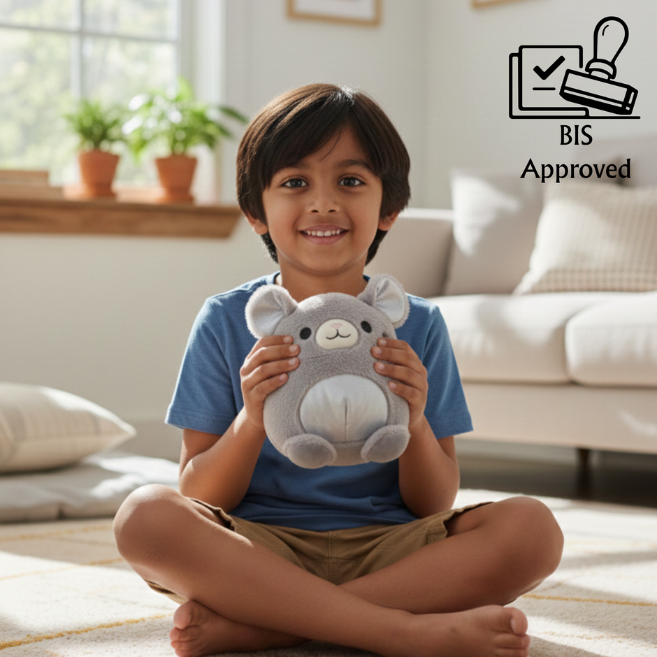 Child holding a plush toy in a living room with BIS Approved logo.
