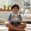 Child holding a plush toy in a living room with BIS Approved logo.