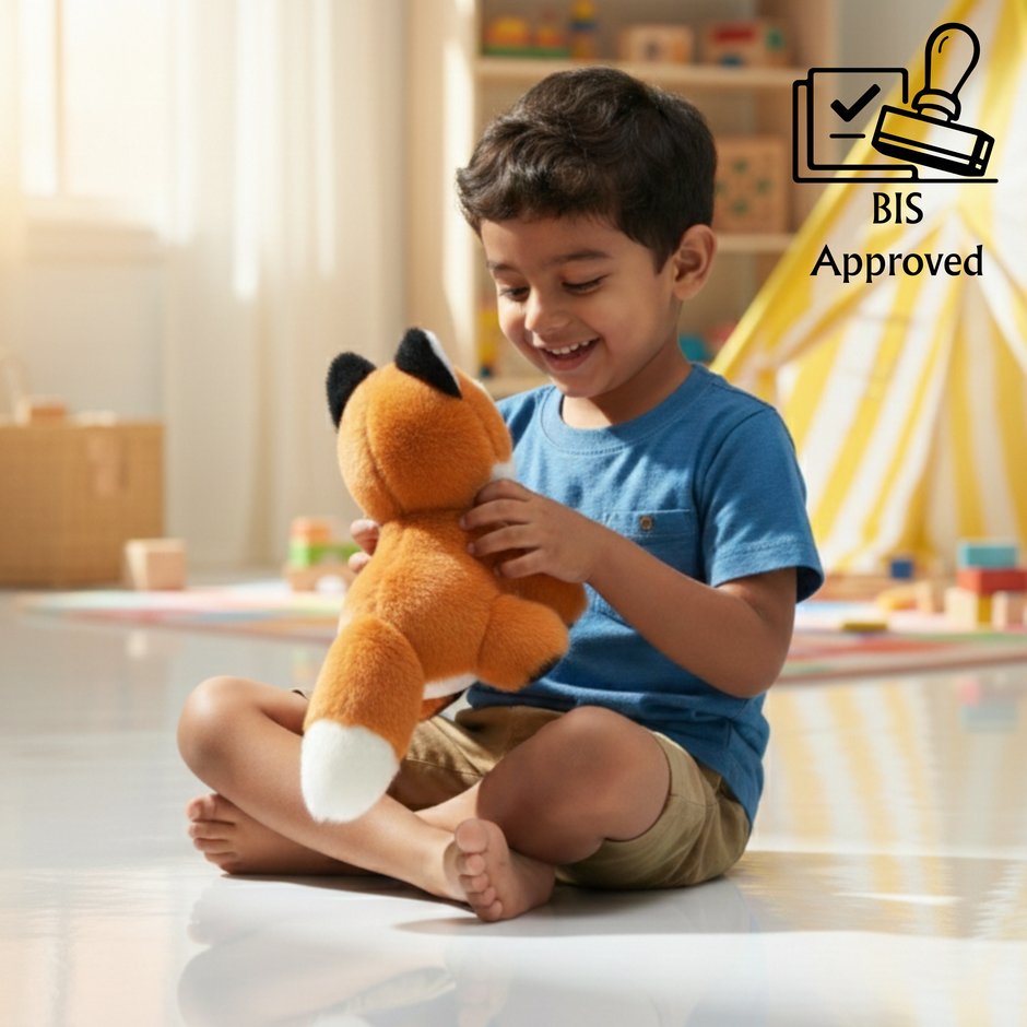 Child holding a plush toy in a room with toys in the background, BIS Approved logo visible