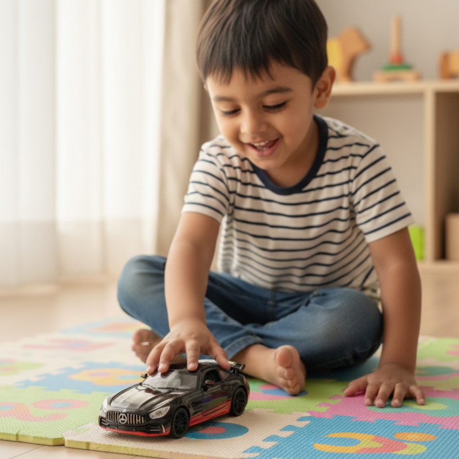 Child playing indoors with the Claptales black die cast sports car on a play mat

