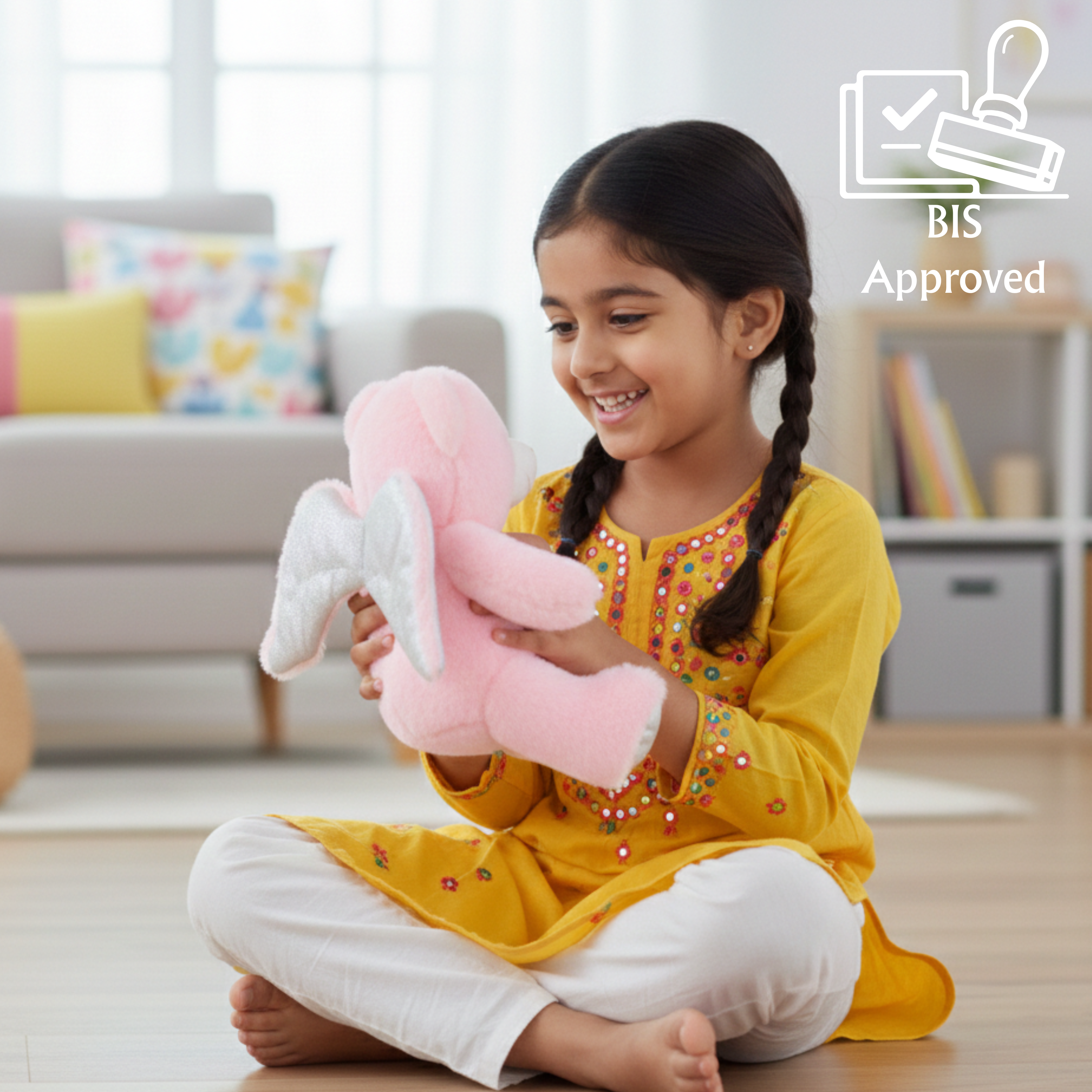 Child playing with Claptales pink teddy soft toy for comforting and cuddling