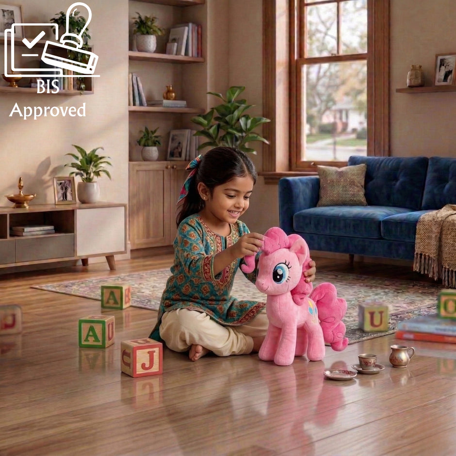 Child playing with a pink toy in a living room, with 'BIS Approved' logo in the corner.