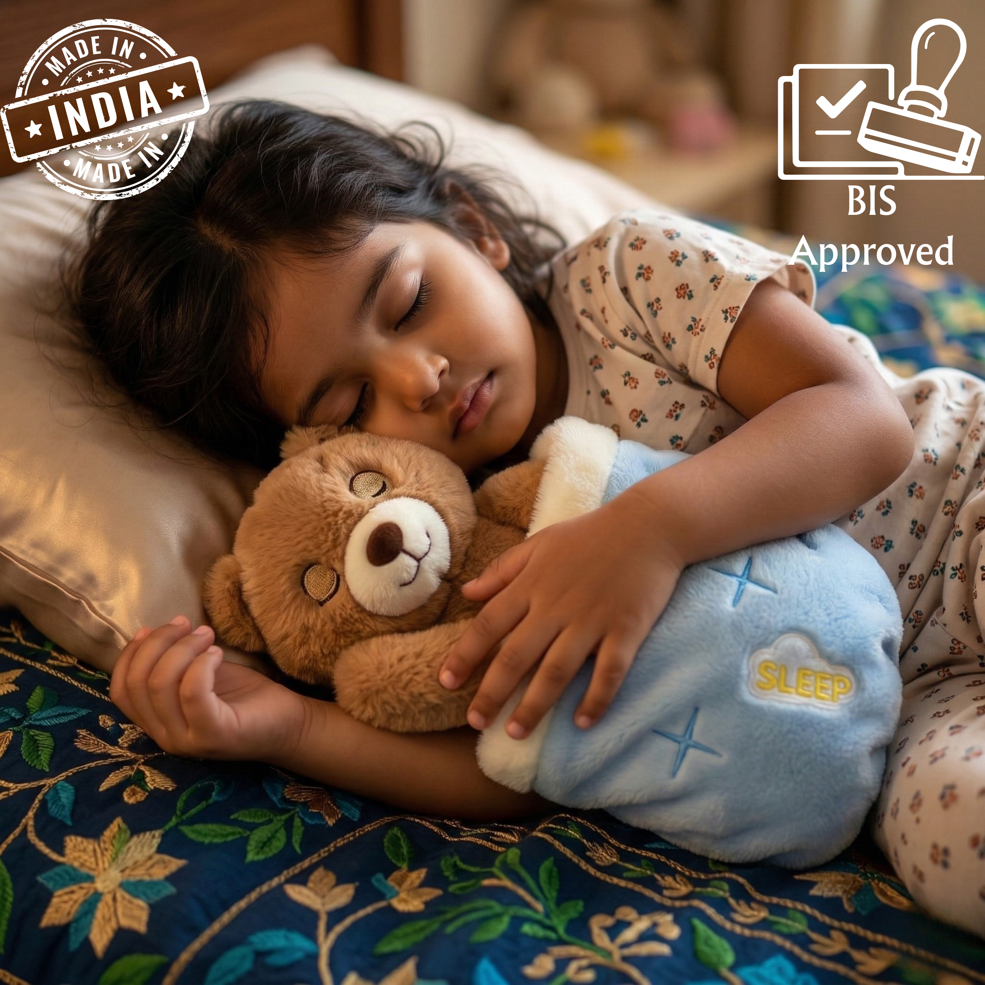 Child sleeping with a teddy bear on a floral bedspread, with 'Made in India' and 'BIS Approved' logos.