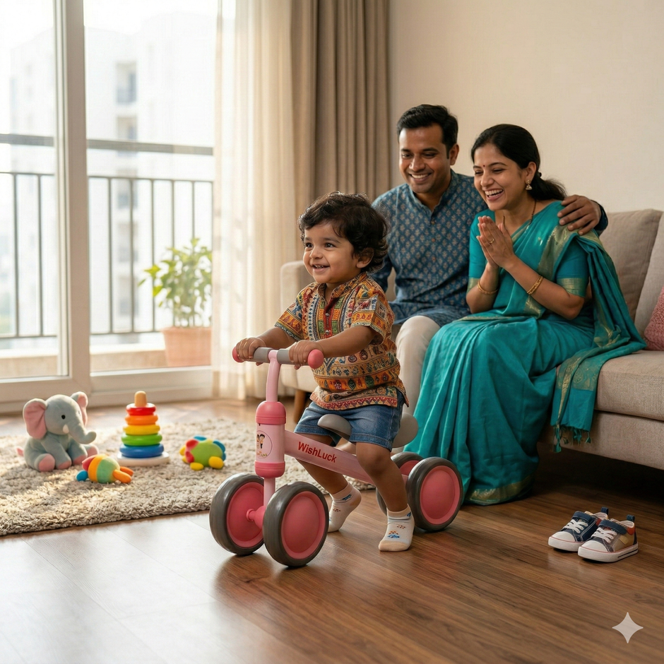 Child using Claptales ride on balance bike indoors improving balance and coordination