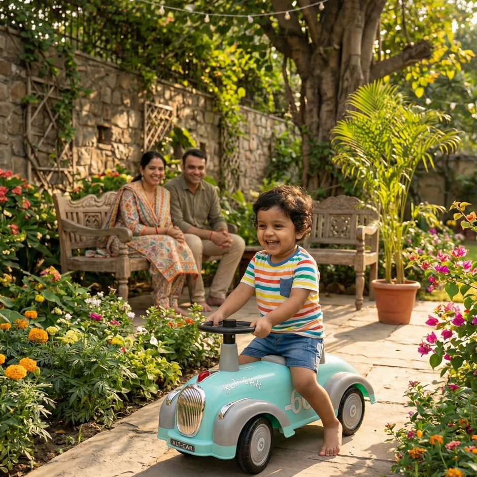 Child using Claptales ride on car outdoors for fun and safe play experience