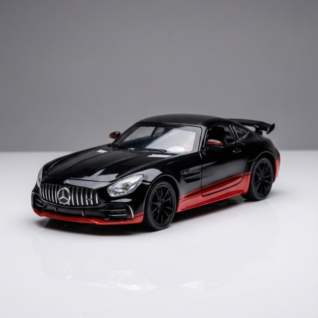 Claptales black 1:24 die cast sports car with red detailing on a reflective surface

