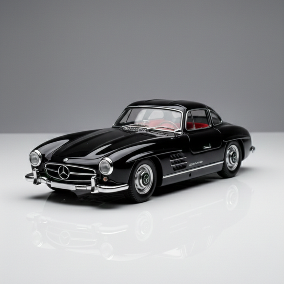 Claptales black 1:32 die cast classic car model on a reflective surface with detailed front and side design