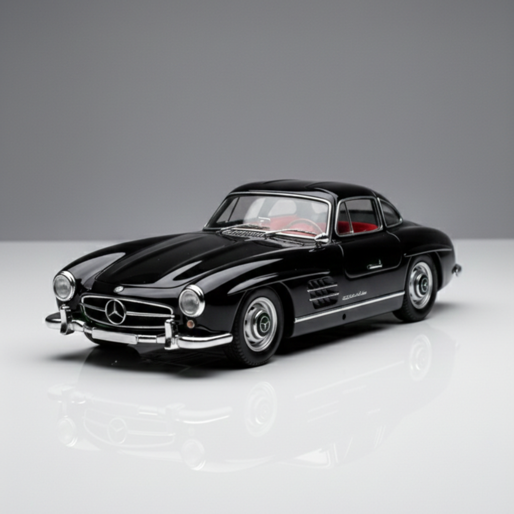 Claptales black 1:32 die cast classic car model on a reflective surface with detailed front and side design