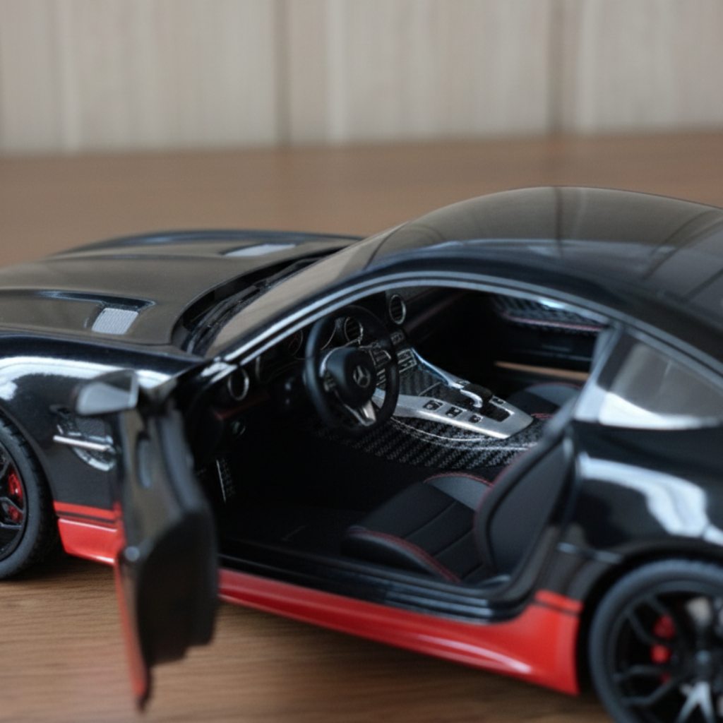 Claptales black die cast sports car with open driver door showing detailed interior

