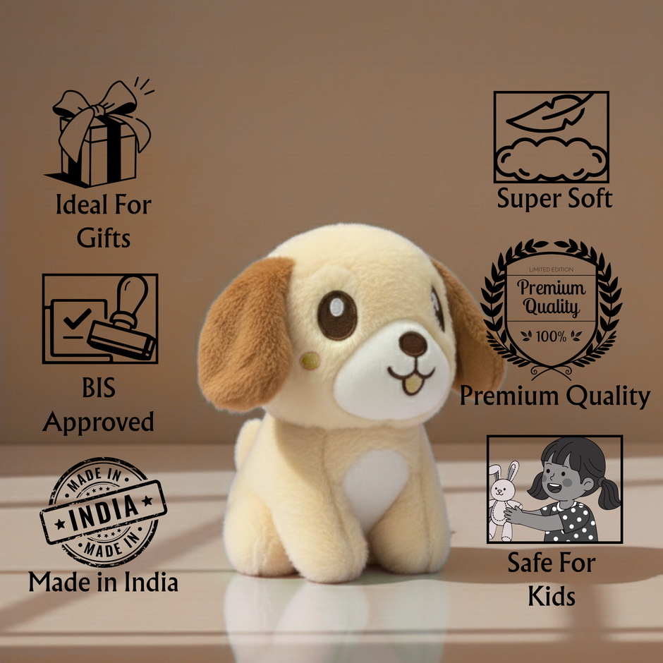Claptales brown puppy soft toy shown with icons for soft fabric, premium quality and safe fill material