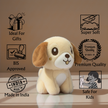Claptales brown puppy soft toy shown with icons for soft fabric, premium quality and safe fill material