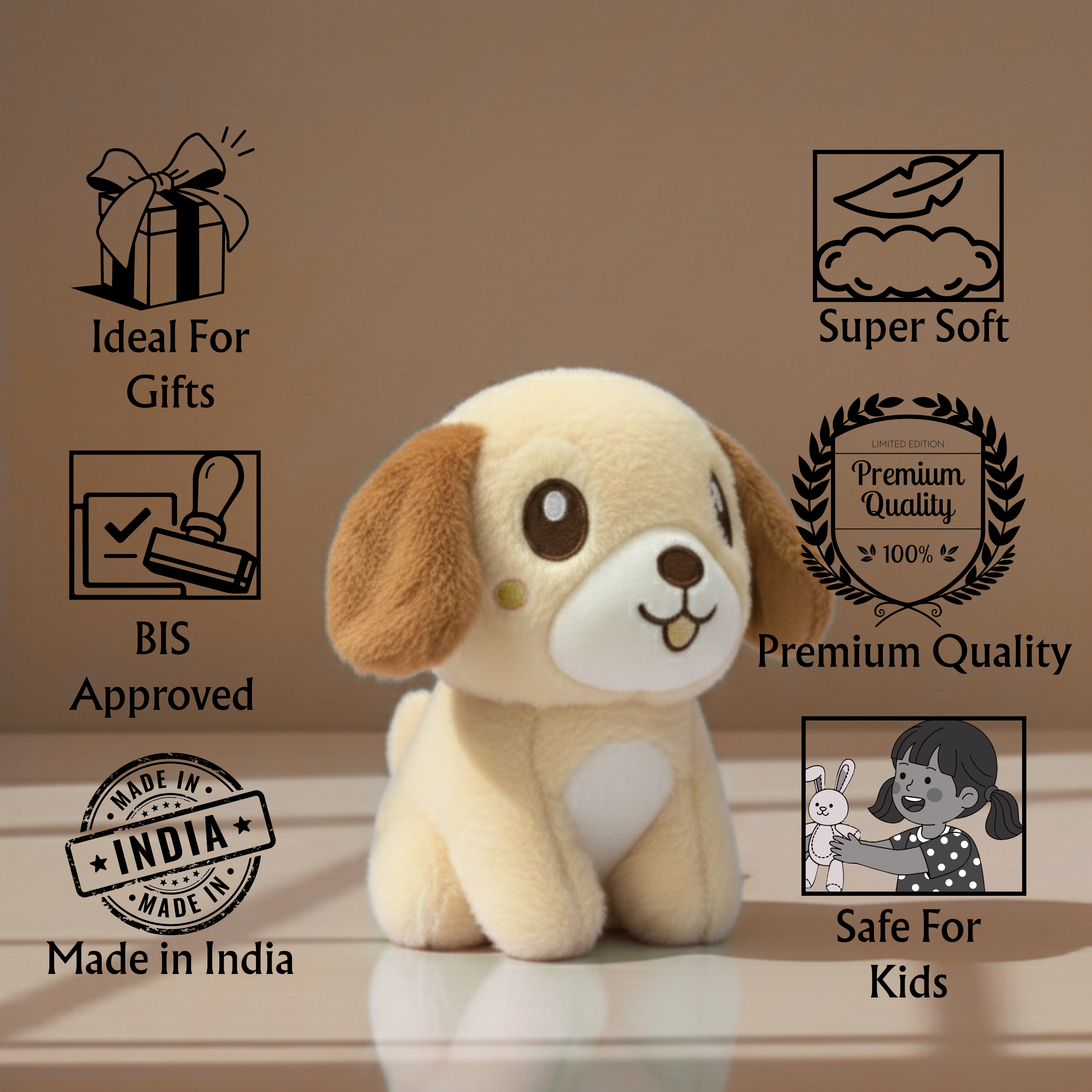 Claptales brown puppy soft toy shown with icons for soft fabric, premium quality and safe fill material