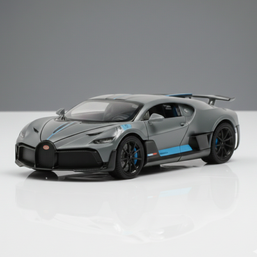 Claptales grey 1:32 die cast sports car on a reflective surface with detailed front design
